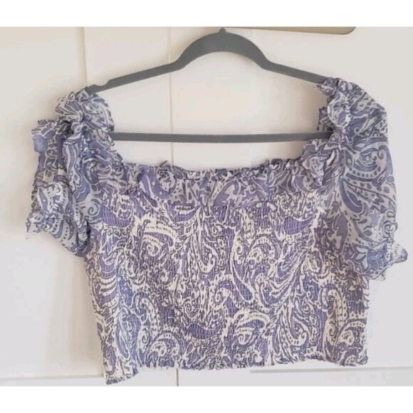 NWT EXPRESS SMOCKED CROPPED RUFFLE OFF THE SHOULDER PAISLEY TOP XLARGE - Picture 3 of 6